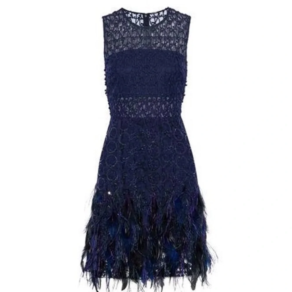 Elie Tahari Annabelle Feather-Trimmed Embellished Gauze Dress Navy Blue 0 - Picture 3 of 9